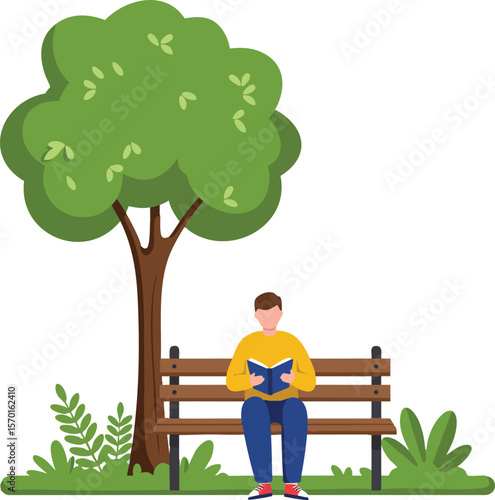 Man sitting on wooden bench reading book under green tree in park outdoor calm scene vector illustration