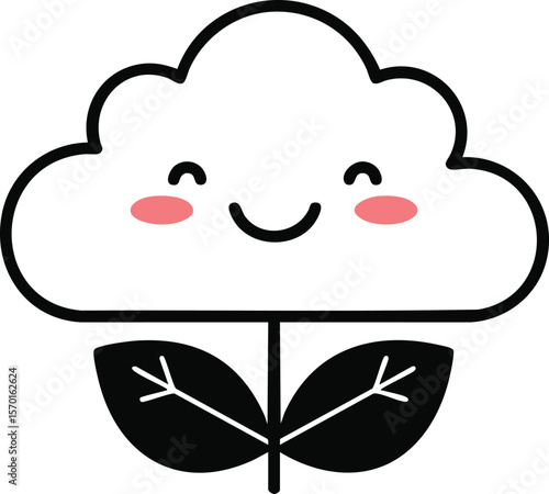 Cute smiling cloud with black leaves vector illustration in minimalist cartoon style for cheerful design and decoration
