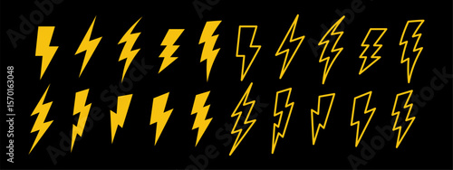 Vector graphic featuring a collection of yellow lightning bolt icons in various styles.