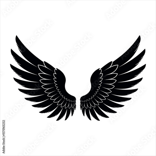 Black feathered wings spread wide feathers graphic