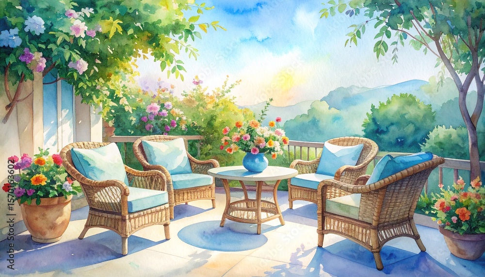 custom made wallpaper toronto digital柔らかな水彩の質感で描かれた木陰のテラス、籐家具と花瓶の新鮮な花、やさしい陽光が差し込み、淡い青空と緑が織りなす穏やかな屋外空間
