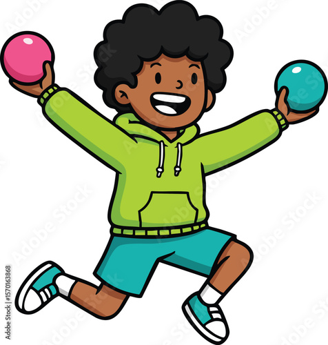 Happy boy jumping with colorful balls in hands wearing green hoodie and blue shorts cheerful active child playing fun