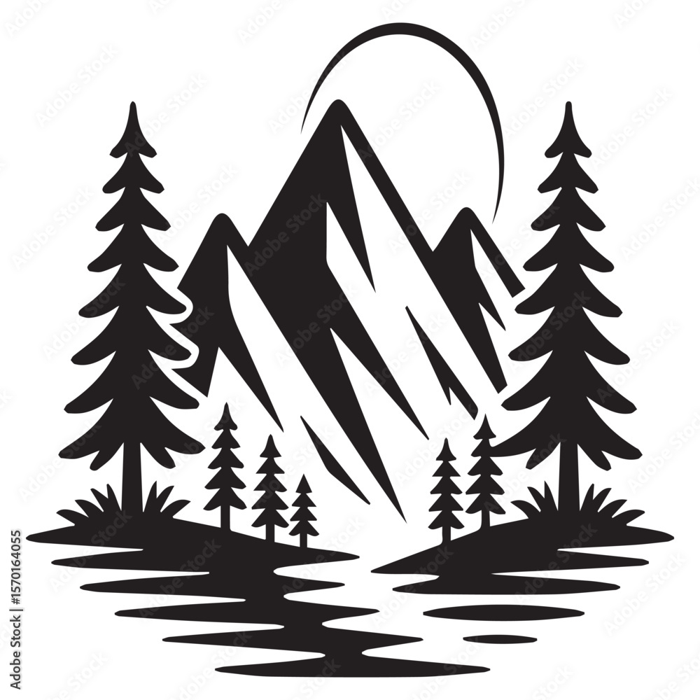 Obraz premium Stylized black silhouette of majestic mountains with pine trees and a winding river under a crescent sun or moon