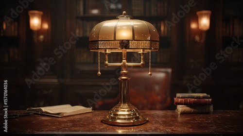 Elegant lamp illuminates a desk in a classic library setting, exuding warmth and scholarly charm. Timeless design meets ambient light.