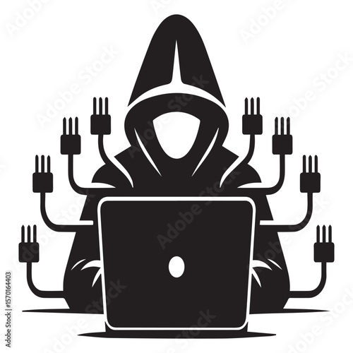 Anonymous hacker in a hood using a laptop with multiple electrical plugs connected to their arms symbolizing network access and data manipulation