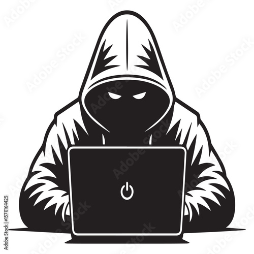 Mysterious hooded figure with glowing eyes working on a laptop computer in the dark representing cybercrime and online anonymity