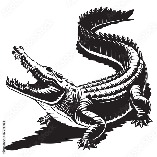 An aggressive black and white illustration of a fearsome alligator with its jaws wide open displaying sharp teeth and a powerful body isolated on a white background