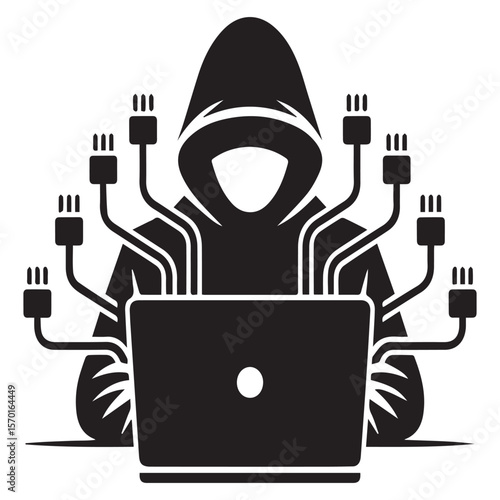 Anonymous hacker in a hood with multiple cables connected to a laptop representing digital intrusion and cybersecurity threats