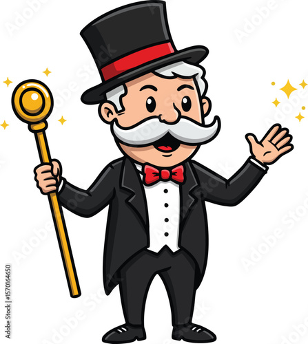 Gentleman character with top hat red bow tie and golden cane vector cartoon magician illustration