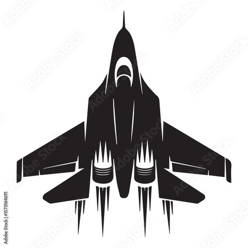 A stylized black silhouette of a modern fighter jet in flight viewed from directly above with its engines firing