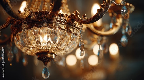 Ornate chandelier with crystal pendants. Elegant lighting fixture with gold accents and faceted glass. Classic design adds luxury.