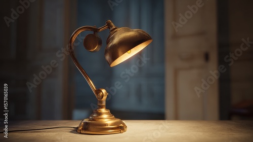 Illuminated antique table lamp featuring a brass finish, set against a softly blurred background, highlighting its vintage charm.
