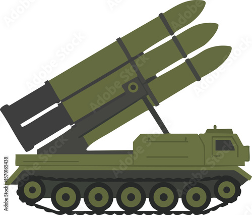 Military missile launcher vehicle with multiple rockets in olive green flat vector design for defense and warfare concept