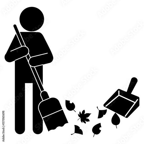 ほうきで落ち葉を掃除する人物のピクトグラム