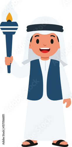 Young boy in traditional Middle Eastern clothing holding a burning torch smiling happily vector illustration