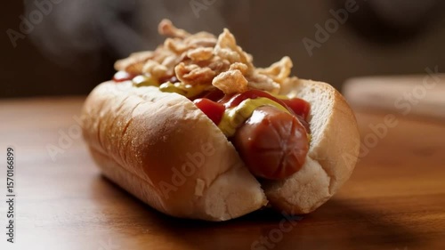 Close up of a hotdog with mustard ketchup and fried onion strings on a wooden surface view