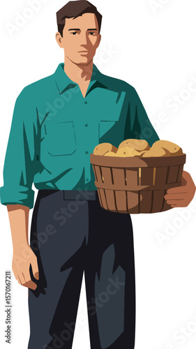 Man holding basket full of potatoes wearing teal shirt and black pants vector illustration