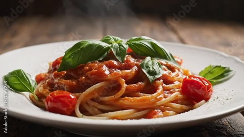 A close up of a plate of spaghetti with tomato sauce and basil on a wooden table surface view