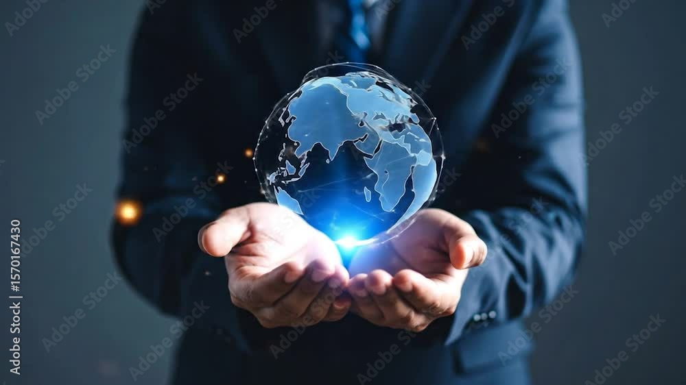 A person in a suit holds a holographic globe in their hands A person in a suit holds a holographic globe in their hands