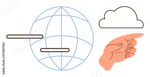Hand pointing at cloud, globe with parallel horizontal bars symbolizing network and data connection. Ideal for technology, cloud computing, networking, global communication, internet, futuristic
