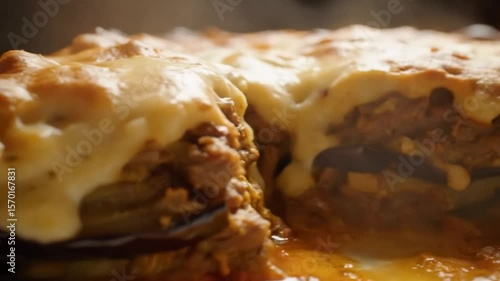 A close up of a steaming moussaka dish on a white plate sitting on a wooden table surface top