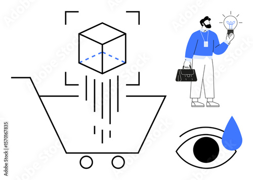 Shopping cart receiving a 3D cube, businessman holding a lightbulb, and eye with teardrop symbol. Ideal for e-commerce, innovation, creativity, business, technology, marketing problem-solving