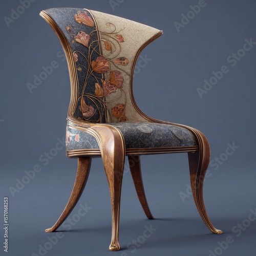 Elegant chair featuring floral art nouveau design and slender curved wood frame on solid gray backdrop. Striking balance of comfort and aesthetics.
