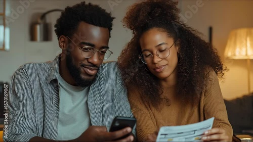 A couple reviews their finances together, focusing on bills and online banking options at home.