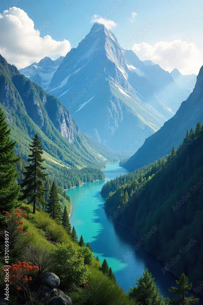 Obraz premium Majestic Panoramic Wilderness Towering Mountains, Dense Forests, Pristine River