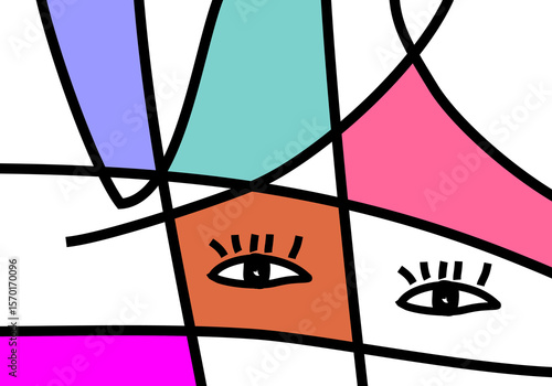 modern cubism illustration of abstract human faces merged into one composition.