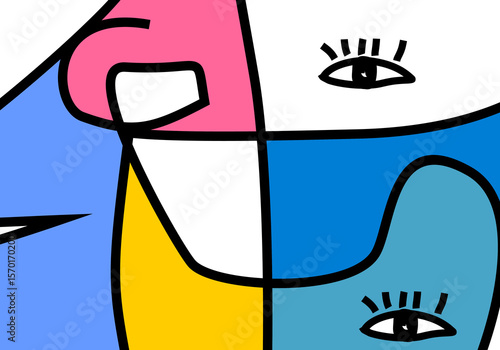 modern cubism illustration of abstract human faces merged into one composition.
