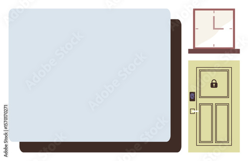 Door with a digital keypad lock, wall clock, and abstract background for access control, modern security, and time management. Ideal for technology, home safety, efficient lifestyle, innovation