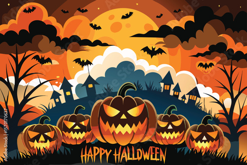 Spooky Halloween night with scary pumpkins, bats, and a full moon, perfect for an autumn holiday celebration illustration