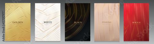 Luxury vector background set with elegant gold lines. Includes golden, white, black, pinkish, and rouge colors. Perfect for invitations, packaging, branding, and high-end design projects.