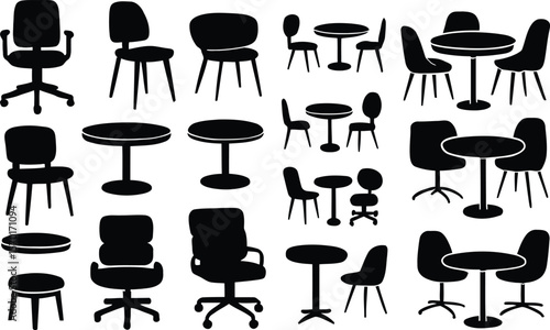 Office seating layout plan with chairs and tables icons,  black graphic design. Floor plan restaurant showing guest seating arrangement with chairs and tables, editable vector illustration icons