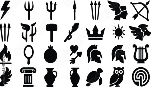 Ancient Mythology Icons. Bold Black Silhouettes of Greek and Roman Symbols, Gods, Goddess, Heroes and Legendary Objects in Solid Vector Style Editable Icon Set Collection.