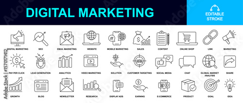 Digital marketing icon set. eps editable line icons including website, seo, email marketing, content, target audience, social media, sales, newsletter, sales, ppc, lead generation, ecommerce, goal etc