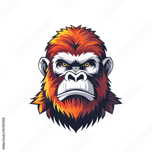Illustration of an orange ape with an angry expression and yellow eyes on a black background.