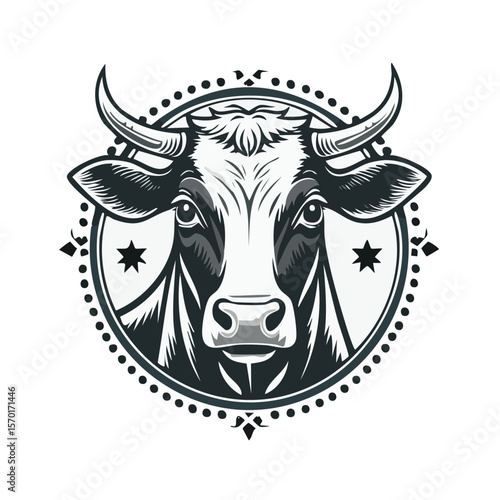Cow Head Emblem with Stars and Decorative Circle on Black Background