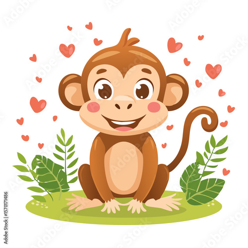 Cute monkey cartoon character sitting on grass with leaves and floating hearts against black backdrop