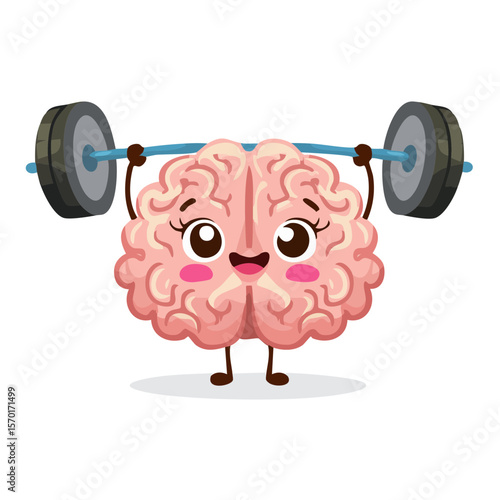 Cartoon brain lifting weights fitness exercise healthy lifestyle mental strength training and wellness character design for educational illustration