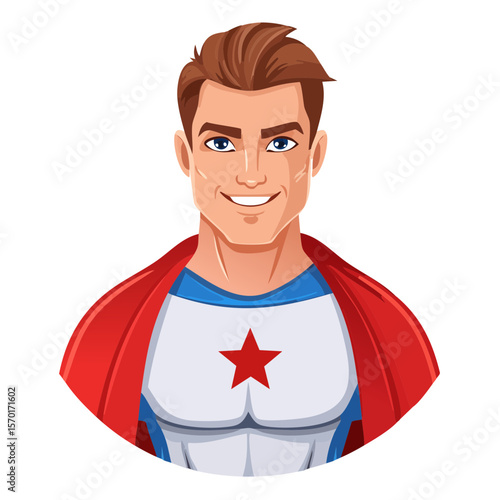 Smiling Cartoon Superhero Man in Costume with Red Cape and Star Heroic Character