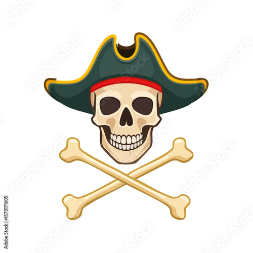 Cartoon Pirate Skull with Crossed Bones and Tricorne Hat on a Black Background
