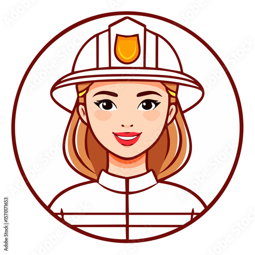 Female Firefighter Cartoon Avatar Young Woman in Uniform and Helmet Vector Illustration