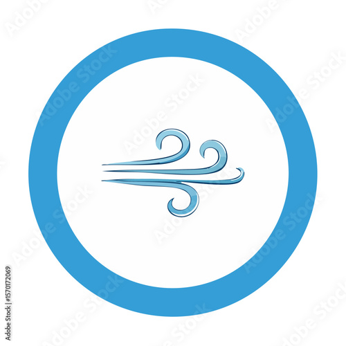 Stylized wind icon in a blue circle. Vector graphic of air current, airflow, windstorm and climate.