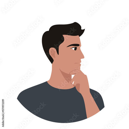 Pensive Man Hand on Chin Contemplating Thoughtful Decision Minimal Illustration