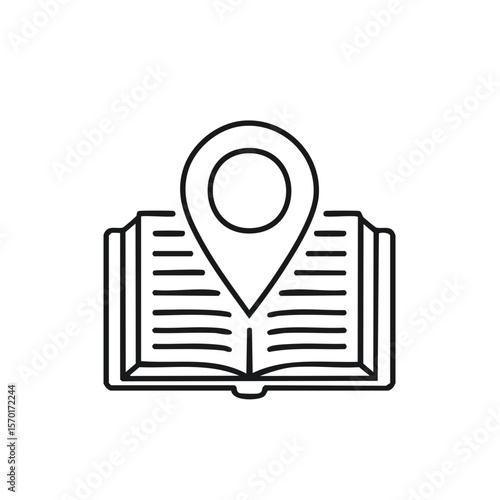 Open book and map pin outline icon learning and travel concept. Guidance reading education destination exploring finding information symbol.