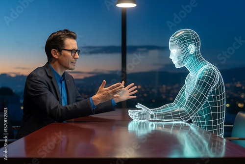 Businessman interacts with a human avatar, representing AI and virtual collaboration in a modern office with a city view.