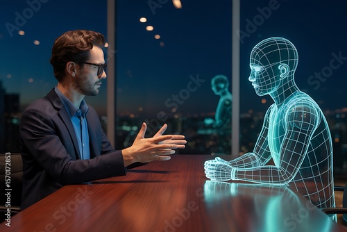 Businessman having conversation with humanoid hologram in modern office, representing technology, artificial intelligence and future work.