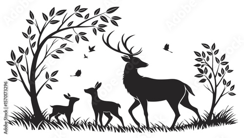 Majestic stag with fawns and birds in a woodland scene isolated on white background